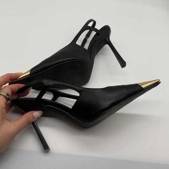Black Slingback Heels Gold Metal Pointed Toe Stiletto Pumps Size 9 - Picture 8 of 11